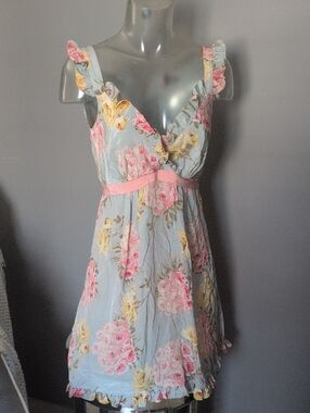 Betsey Johnson Light Blue Floral Ruffle Sundress with Pink Accents